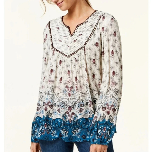 NWOT Style & Co Print Spilt Neckline Top Size MP - Picture 1 of 10